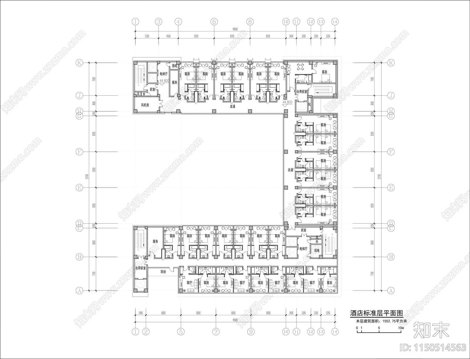 酒店标准层平面图施工图下载【ID:1150514563】