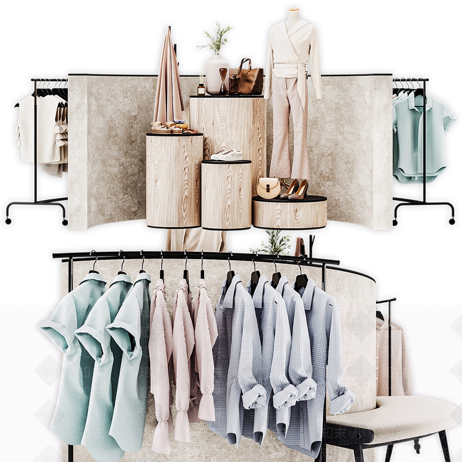 现代服装店服装展示架3D模型下载【ID:1150514809】