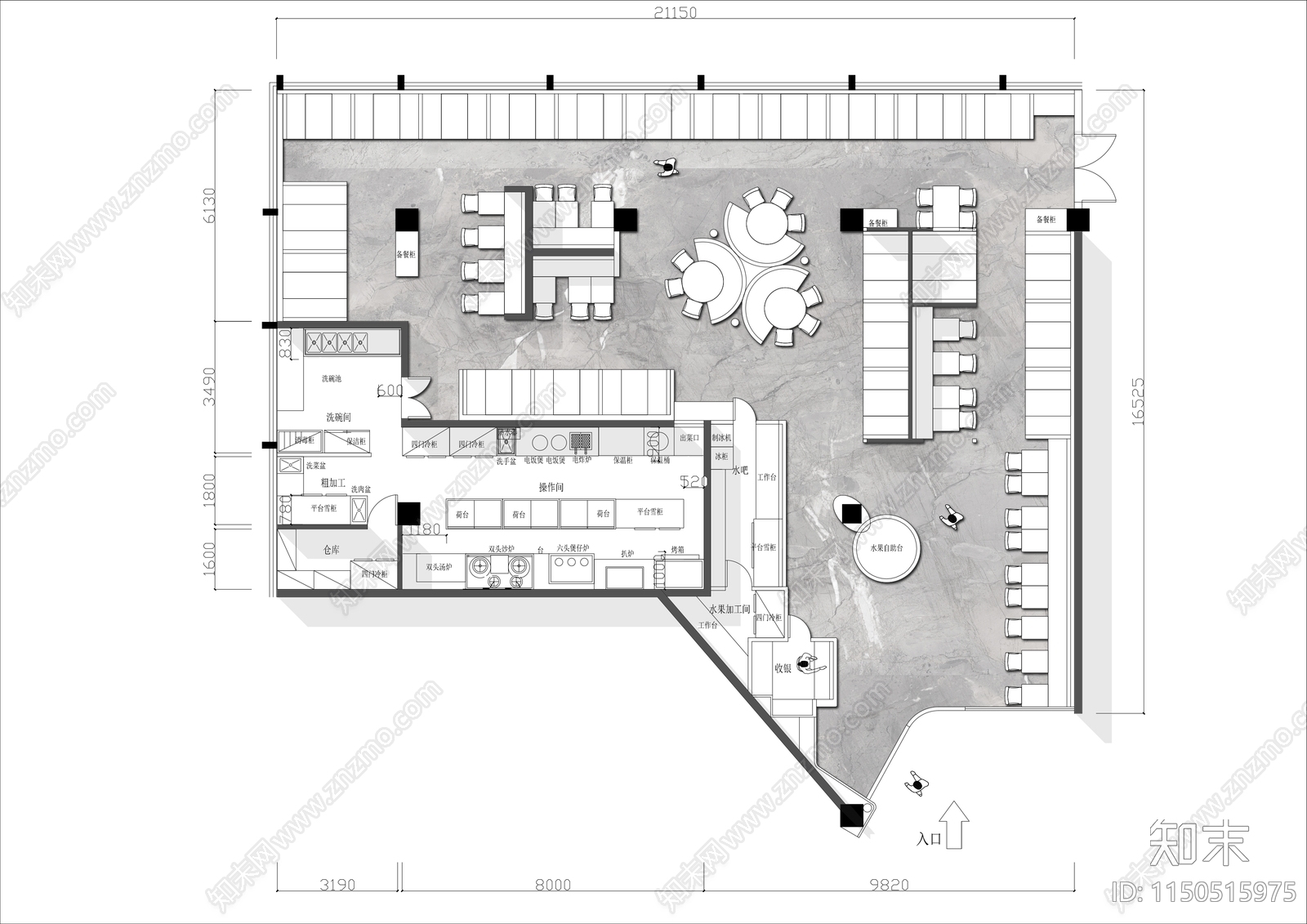 300㎡广东自助餐厅平面布置图cad施工图下载【ID:1150515975】