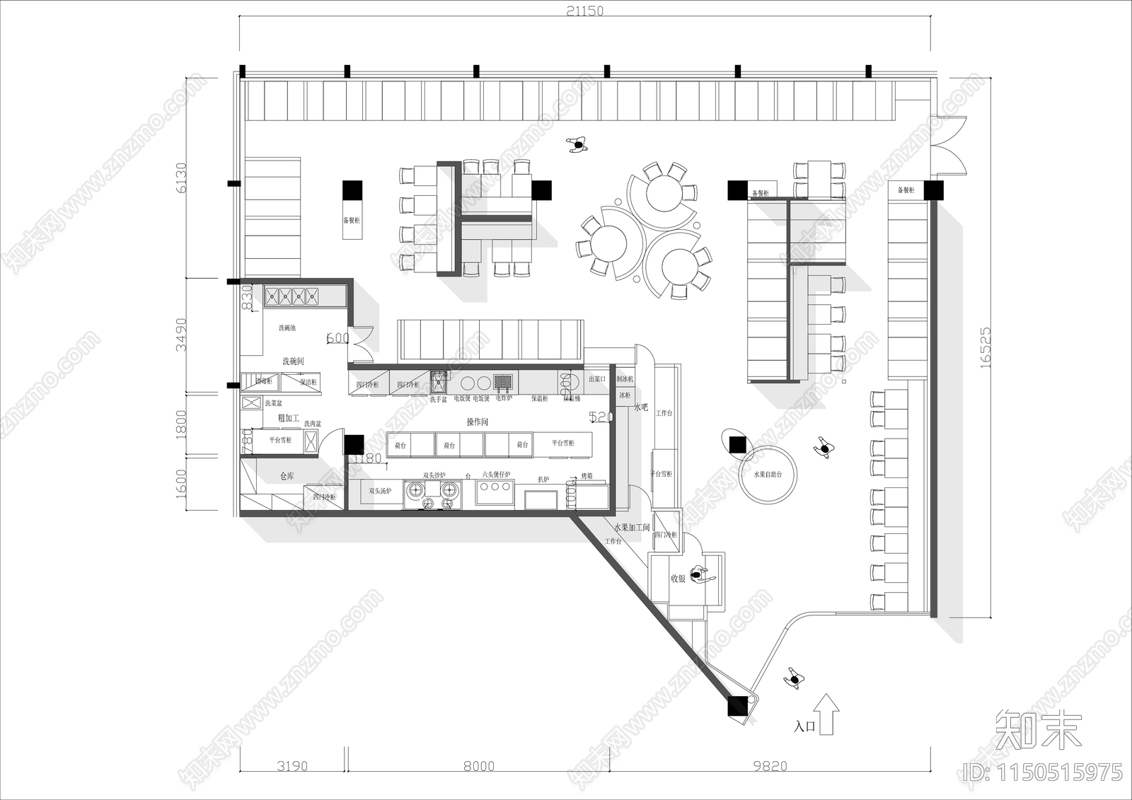 300㎡广东自助餐厅平面布置图cad施工图下载【ID:1150515975】