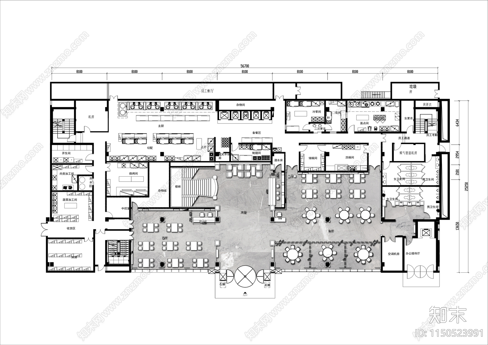 3000㎡广州中式大酒楼平面布置图cad施工图下载【ID:1150523991】