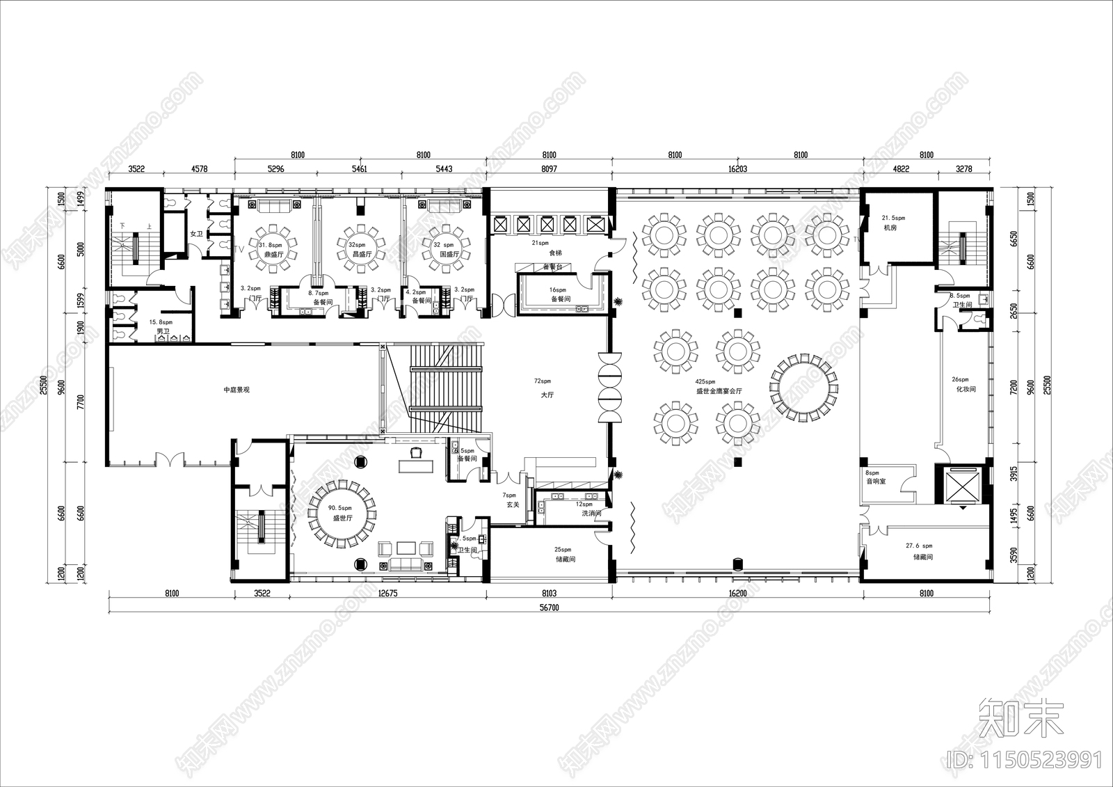 3000㎡广州中式大酒楼平面布置图cad施工图下载【ID:1150523991】