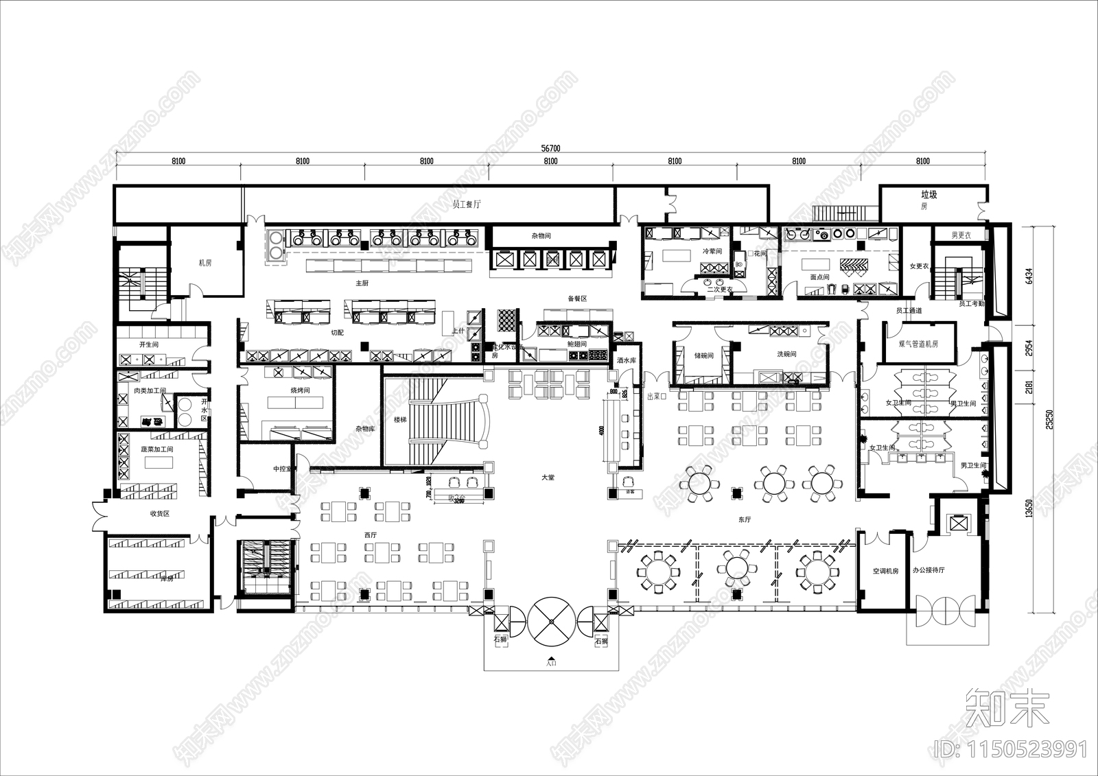 3000㎡广州中式大酒楼平面布置图cad施工图下载【ID:1150523991】