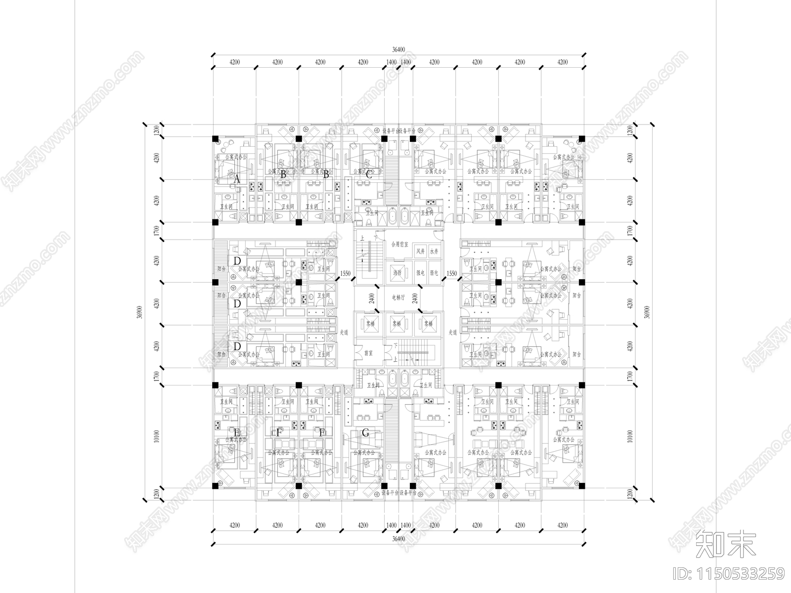 高层办公公寓楼室内cad施工图下载【ID:1150533259】