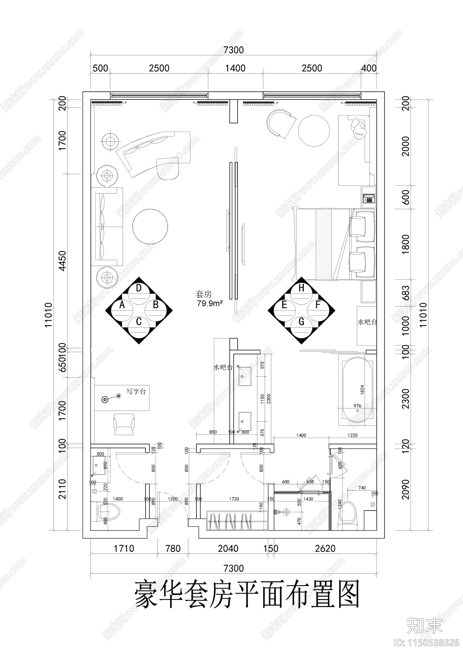 最新精品豪华套房室内cad施工图下载【ID:1150538326】