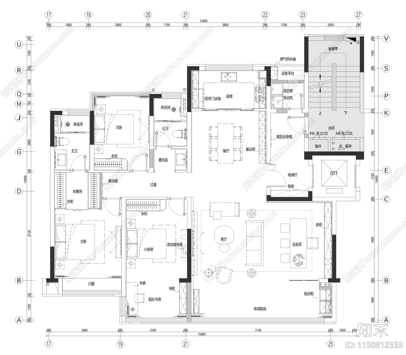 150㎡三居室家装cad施工图下载【ID:1150812533】