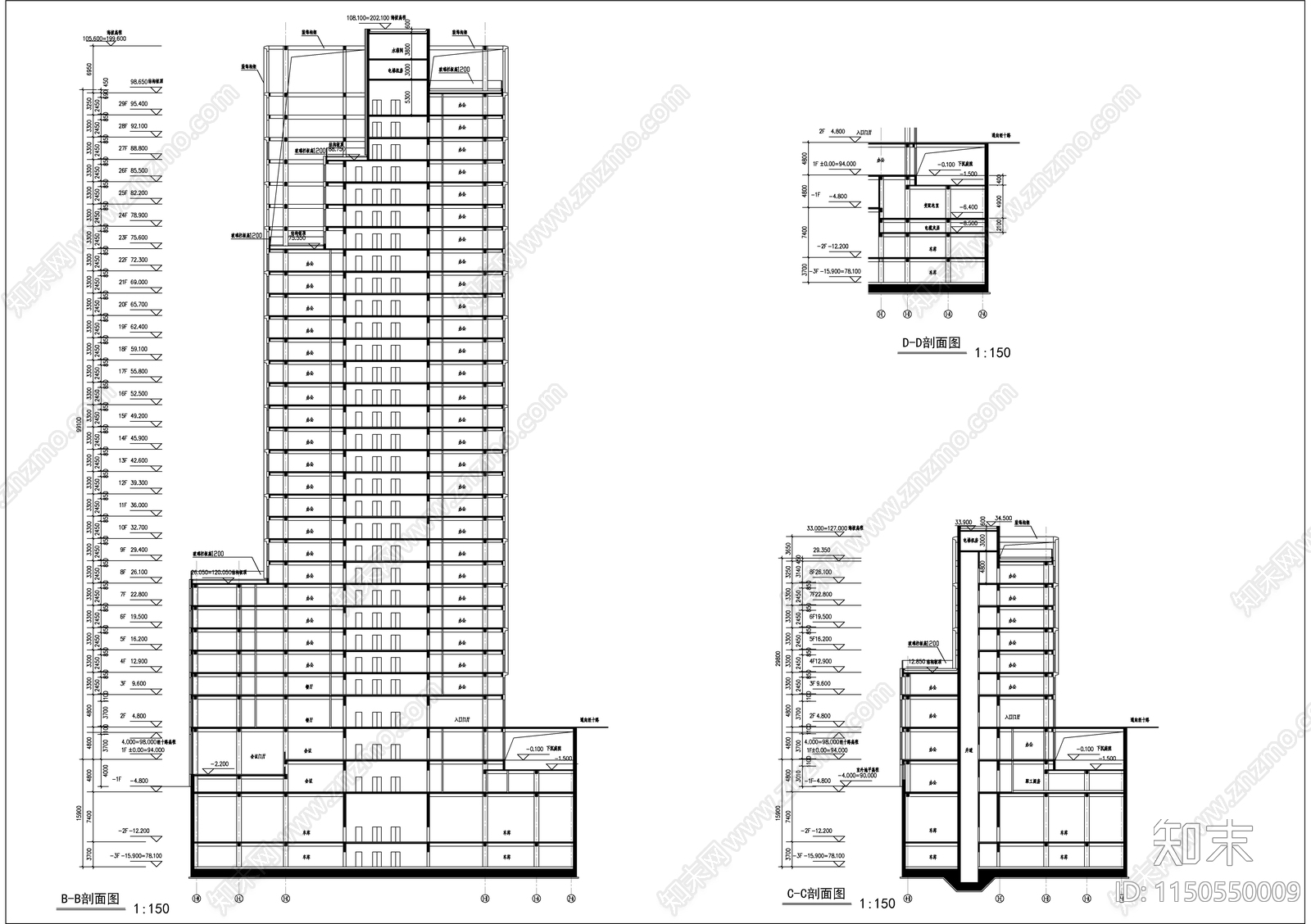 29层办公写字楼建筑cad施工图下载【ID:1150550009】