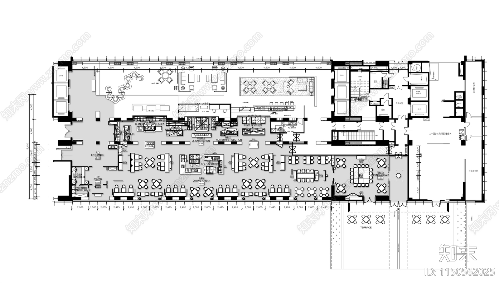 1000㎡酒店全日餐厅平面布置图施工图下载【ID:1150562025】