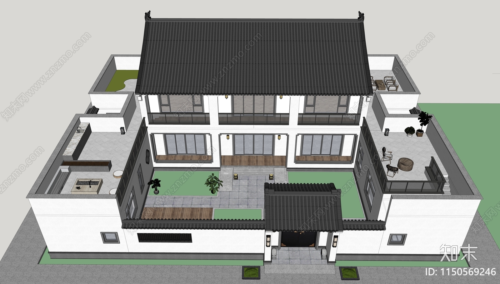 新中式四合院SU模型下载【ID:1150569246】