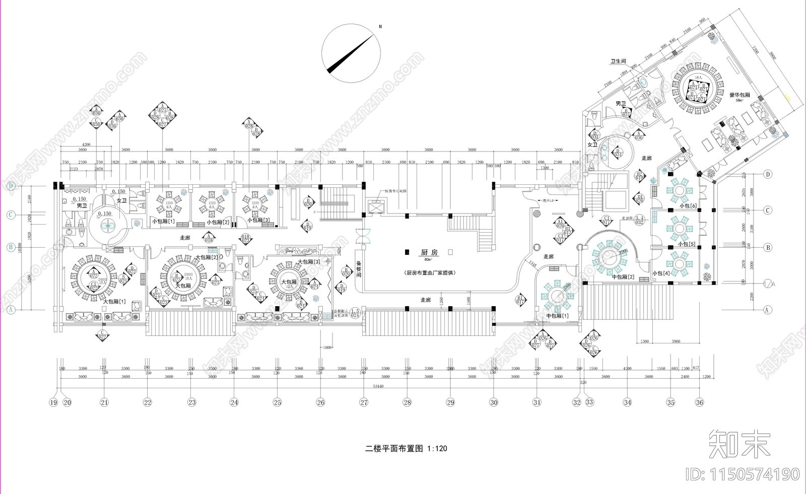 中西式餐厅室内工装平面图cad施工图下载【ID:1150574190】