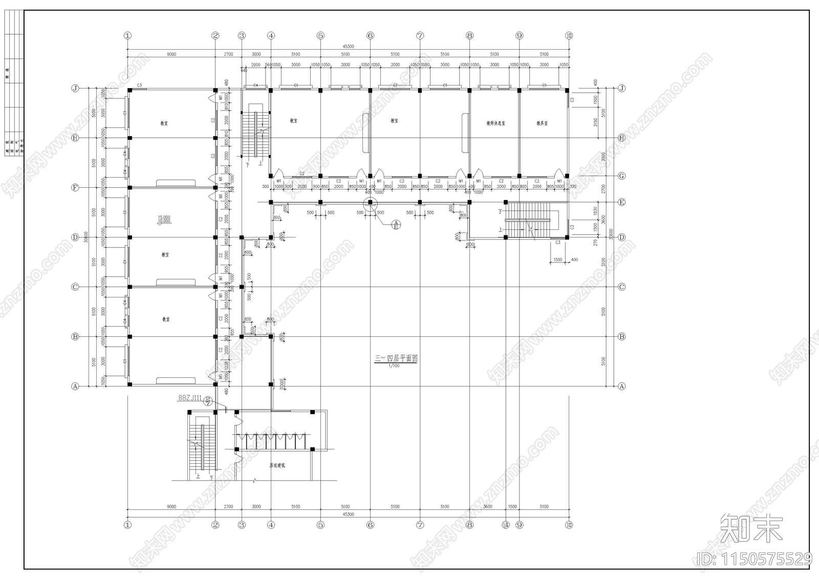 教学楼建筑cad施工图下载【ID:1150575529】