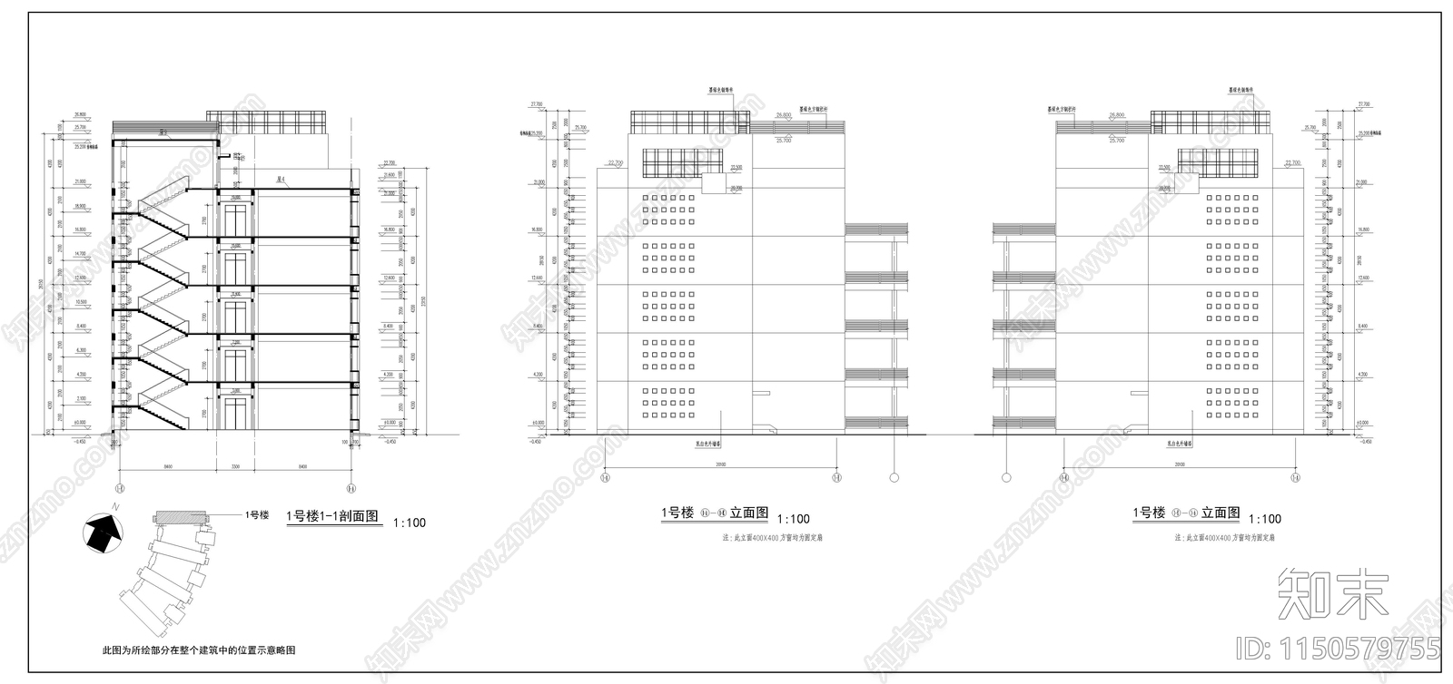 某技术学院教学楼建筑cad施工图下载【ID:1150579755】