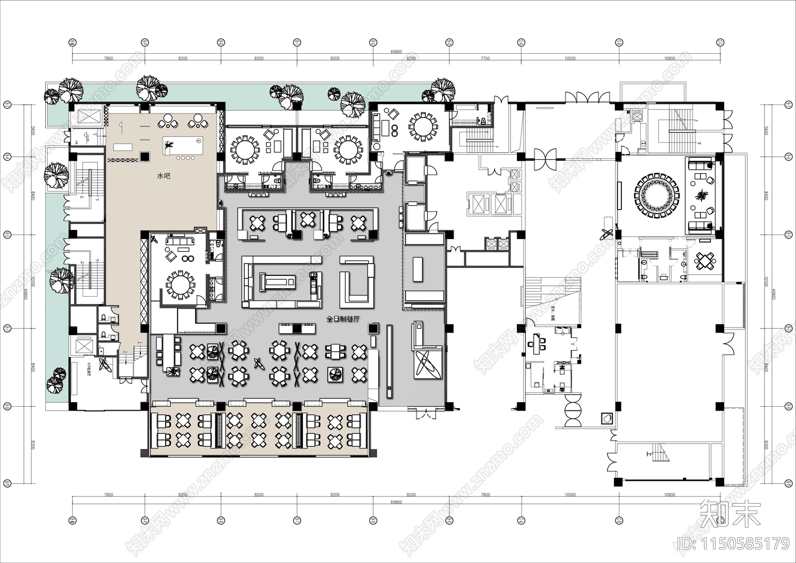 酒店全日餐厅平面布局图施工图下载【ID:1150585179】