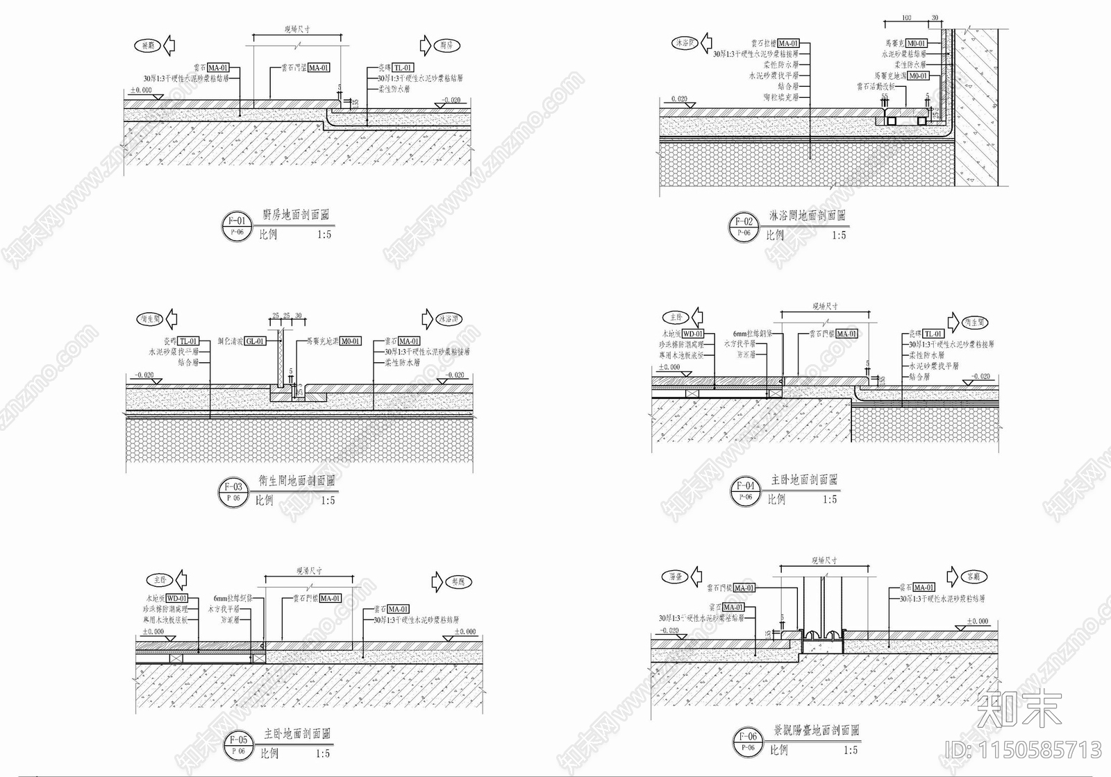 9套各类型材料地面铺装收口详图cad施工图下载【ID:1150585713】