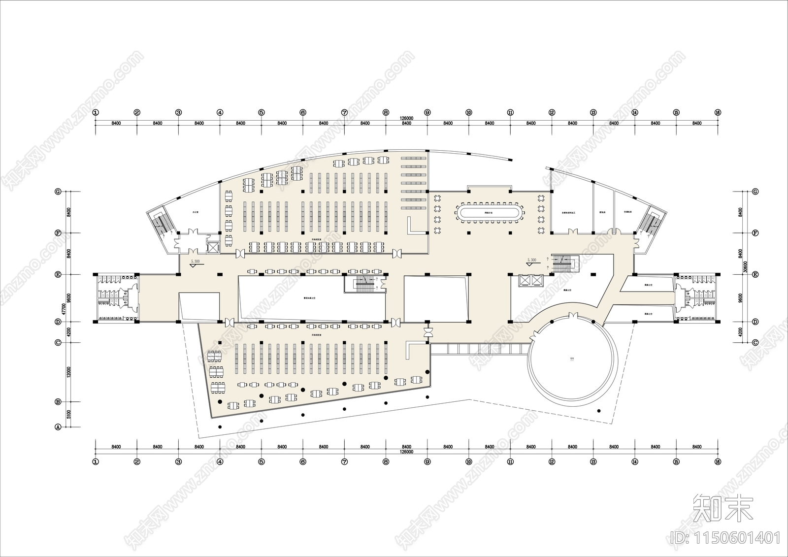 大型图书馆平面方案图cad施工图下载【ID:1150601401】