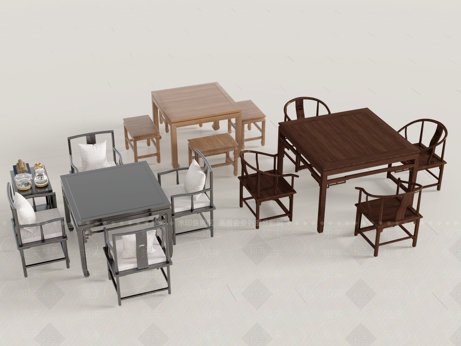 中式餐桌椅组合3D模型下载【ID:1150603687】