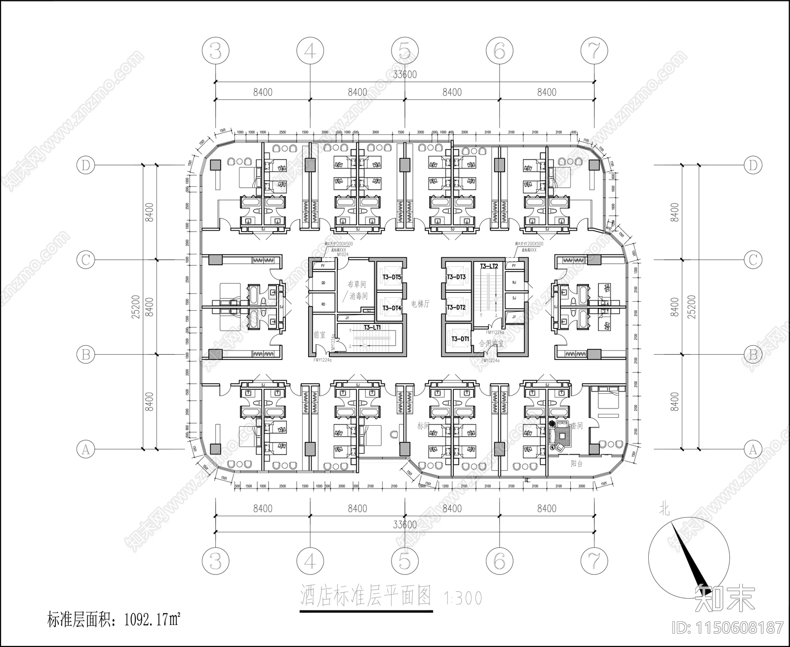 酒店标准层平面施工图下载【ID:1150608187】