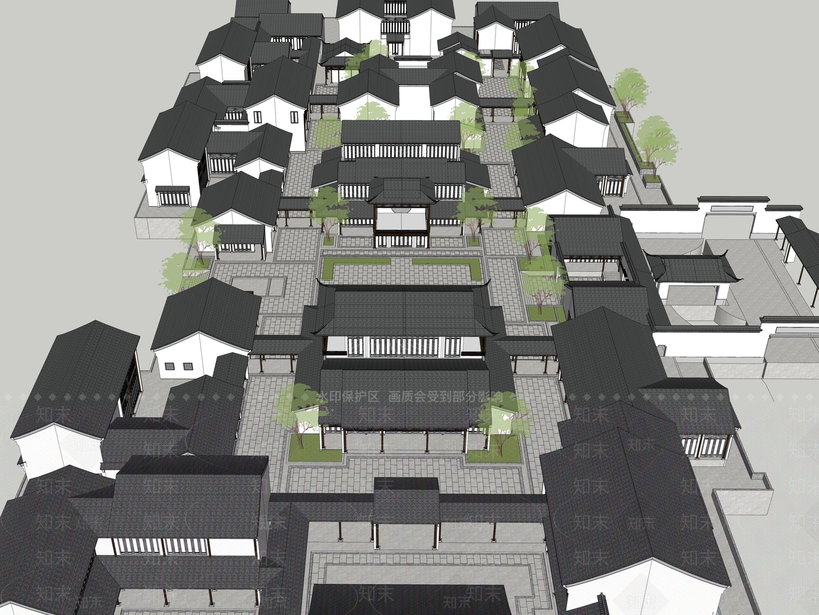 中式坡屋顶商业民宿群SU模型下载【ID:1150610494】