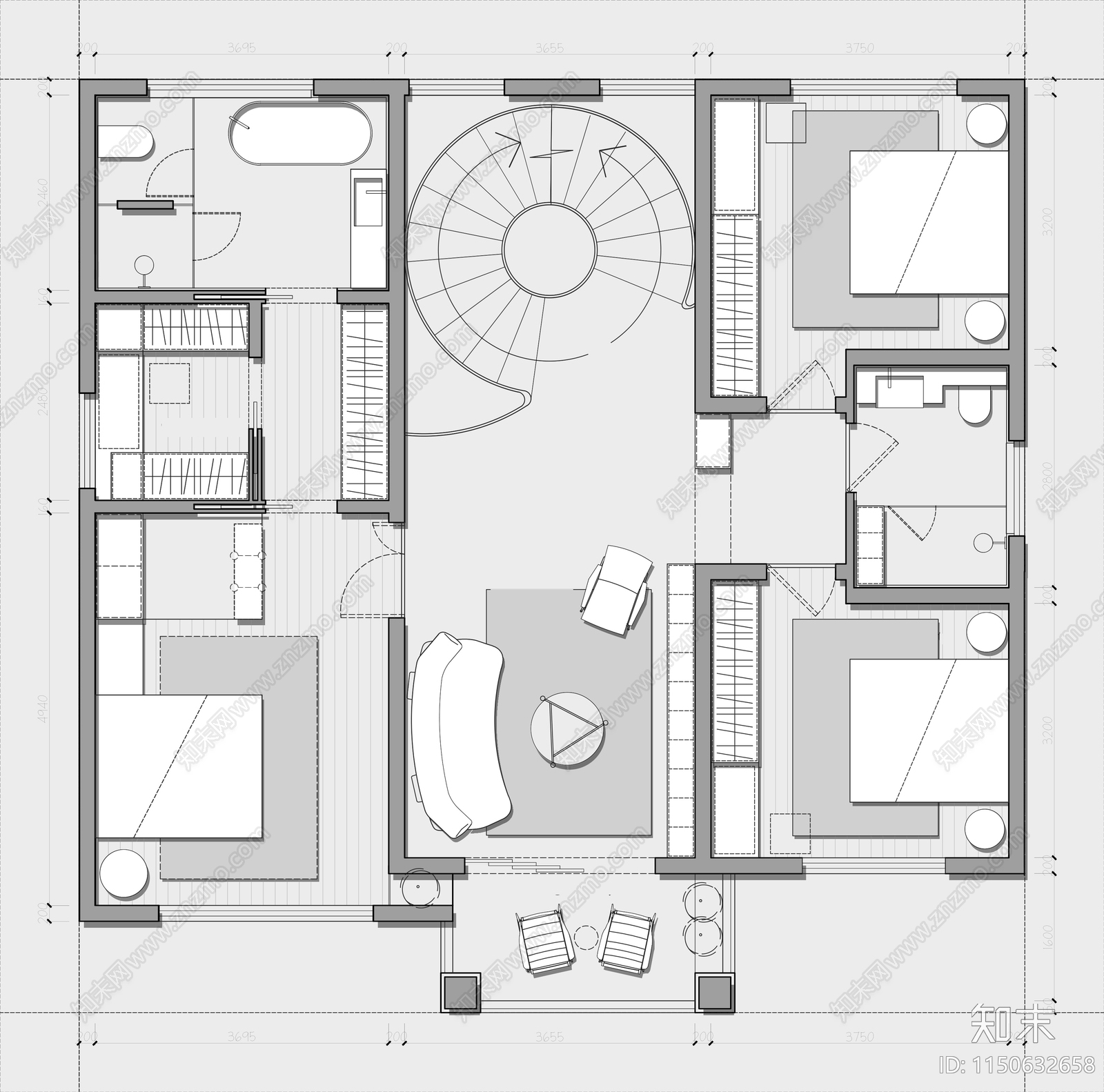 350㎡三层独栋别墅平面布置图cad施工图下载【ID:1150632658】