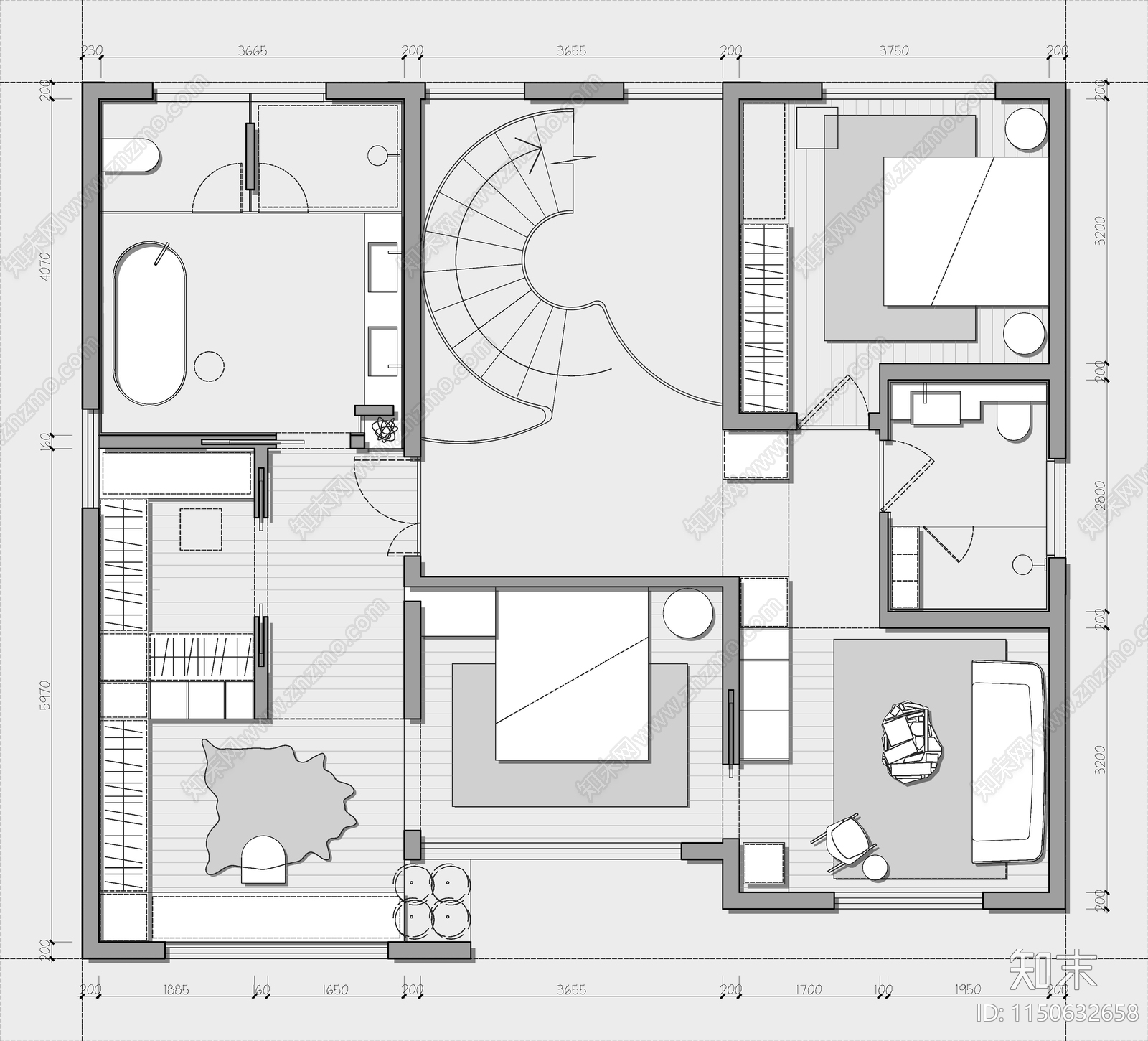 350㎡三层独栋别墅平面布置图cad施工图下载【ID:1150632658】