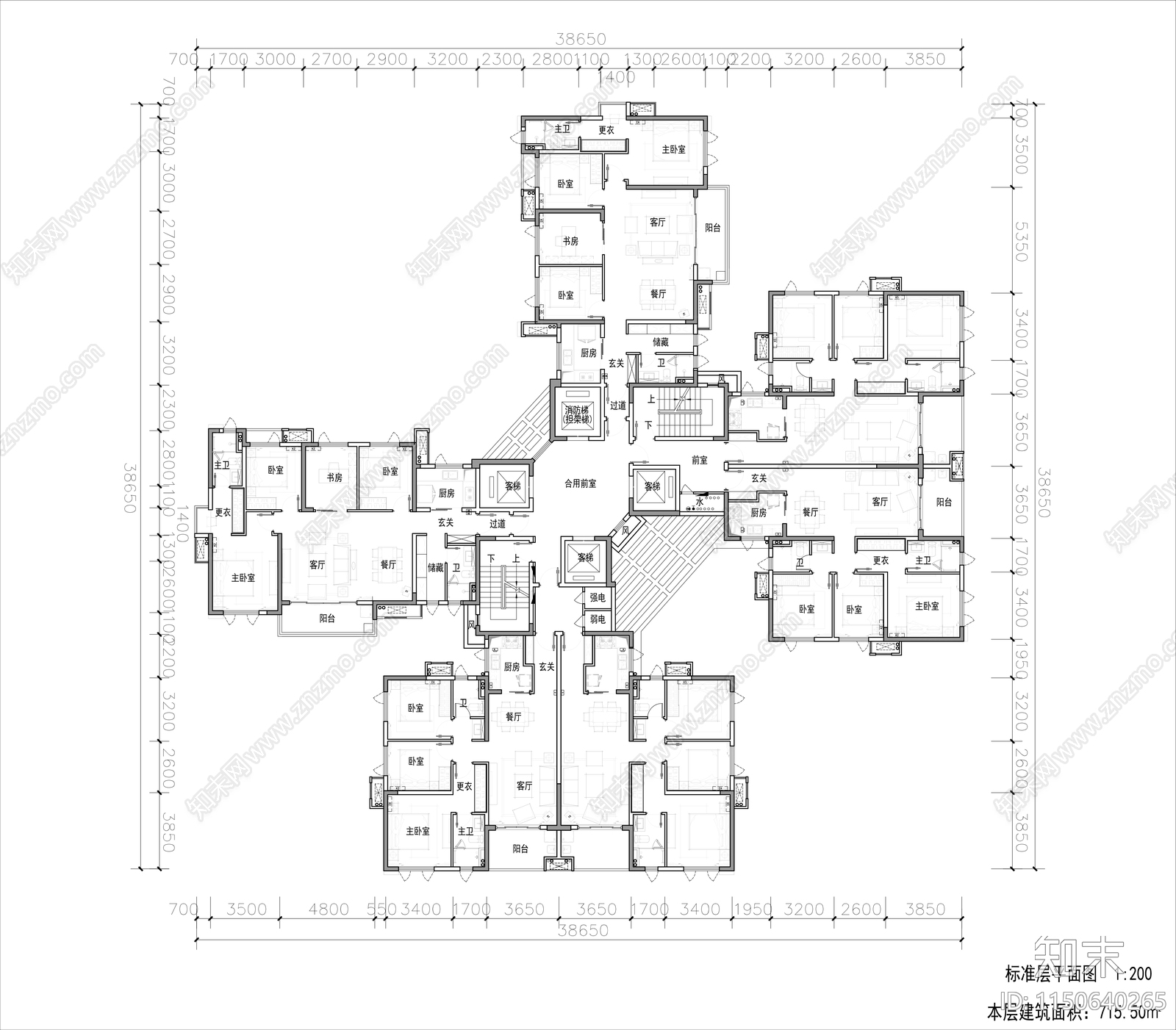 南方小区高层住宅平面图cad施工图下载【ID:1150640265】