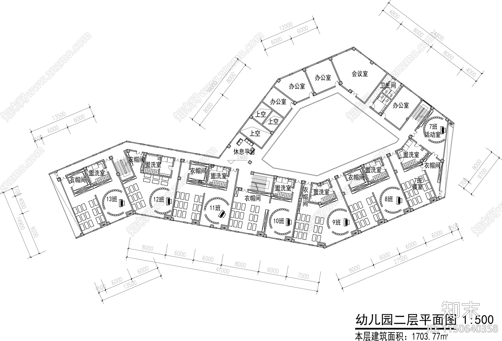 幼儿园平面布置图cad施工图下载【ID:1150640358】