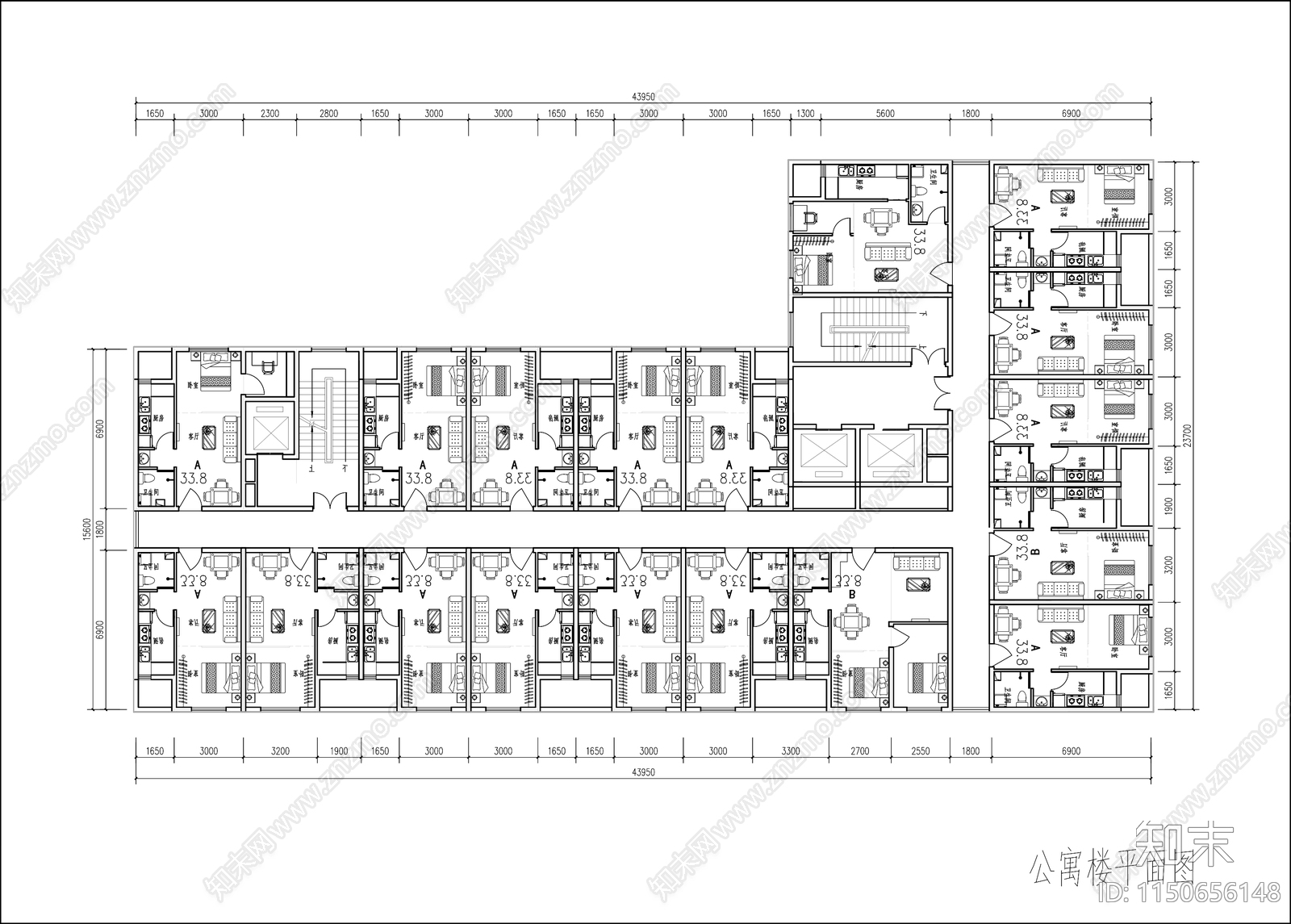 公寓标准层平面cad施工图下载【ID:1150656148】