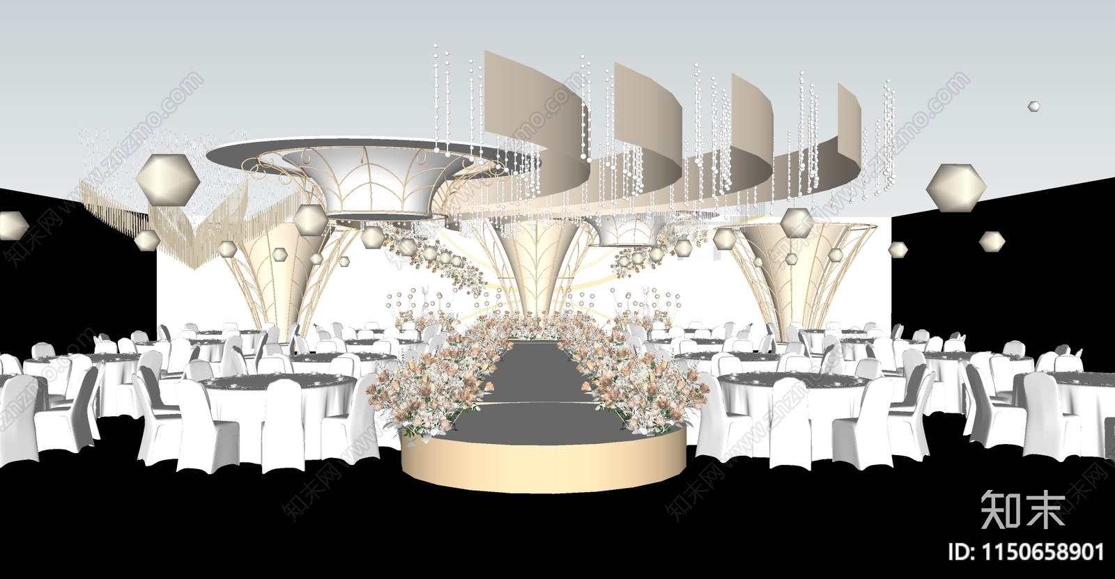 现代香槟色婚礼宴会厅SU模型下载【ID:1150658901】