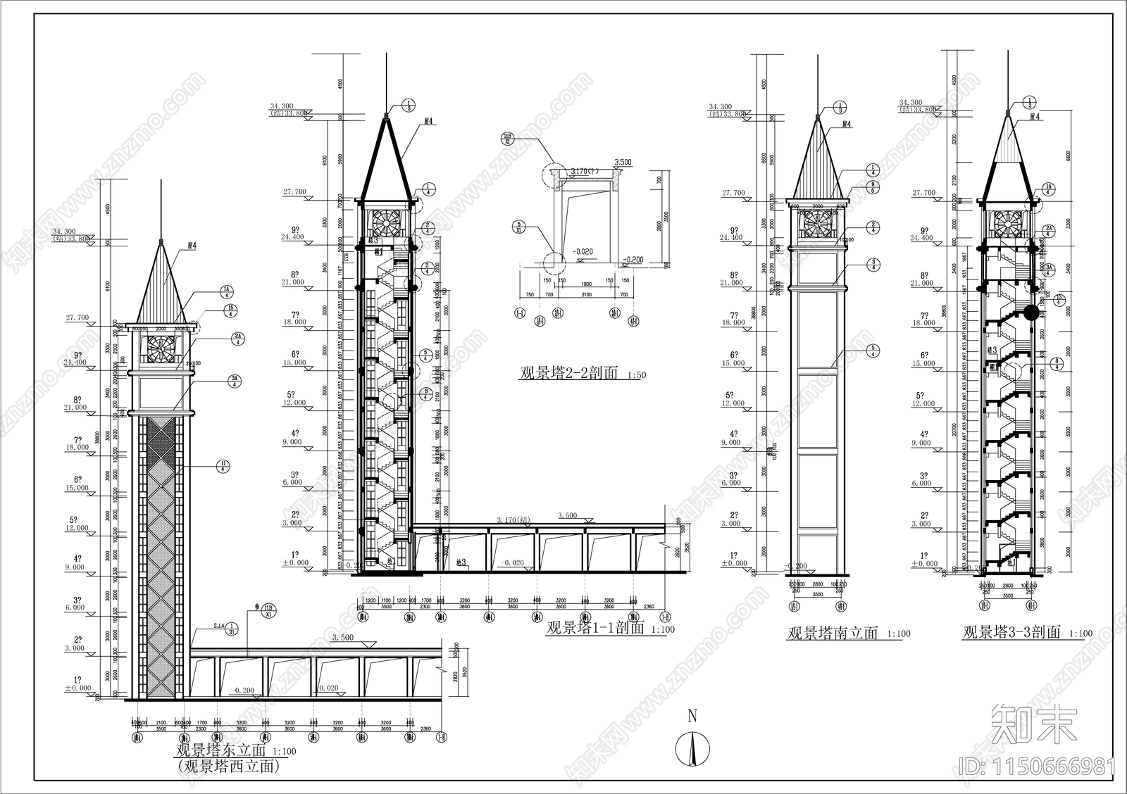 欧式观景塔建筑施工图cad施工图下载【ID:1150666981】