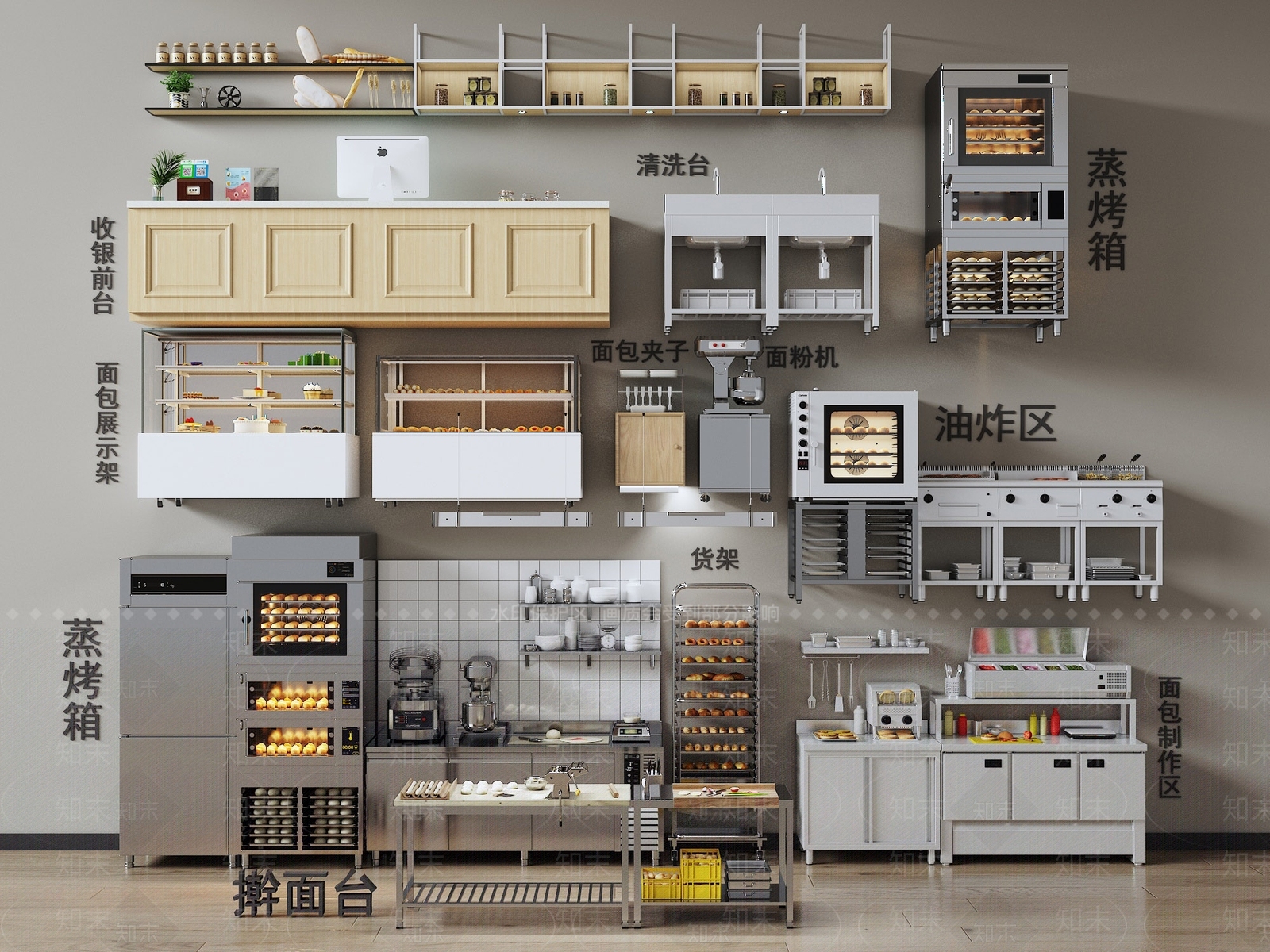 面包蛋糕店制作设备组合SU模型下载【ID:1150668787】