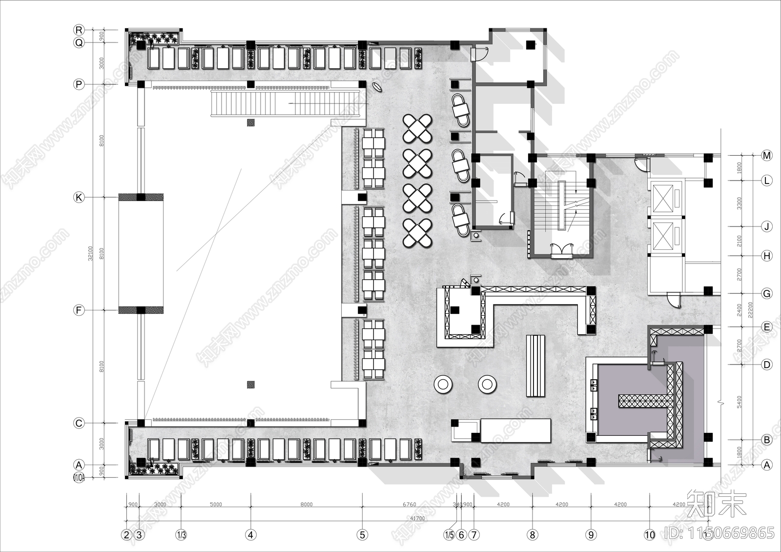 600㎡自助餐厅平面布置图cad施工图下载【ID:1150669865】