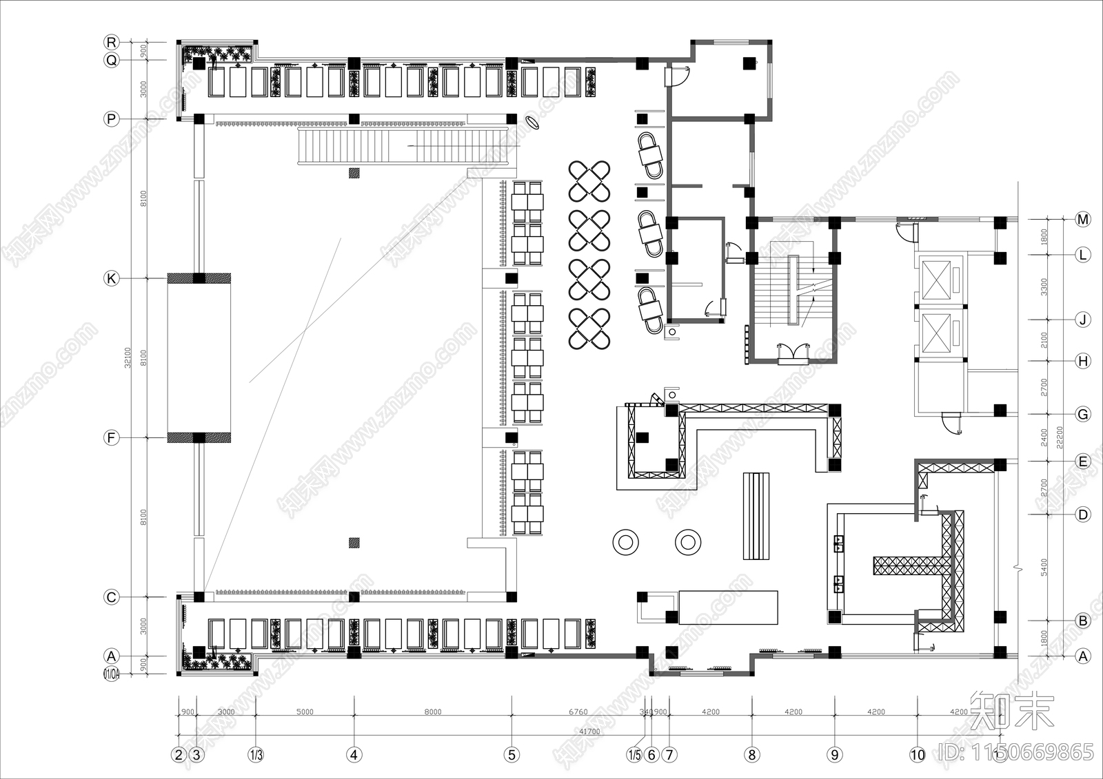 600㎡自助餐厅平面布置图cad施工图下载【ID:1150669865】