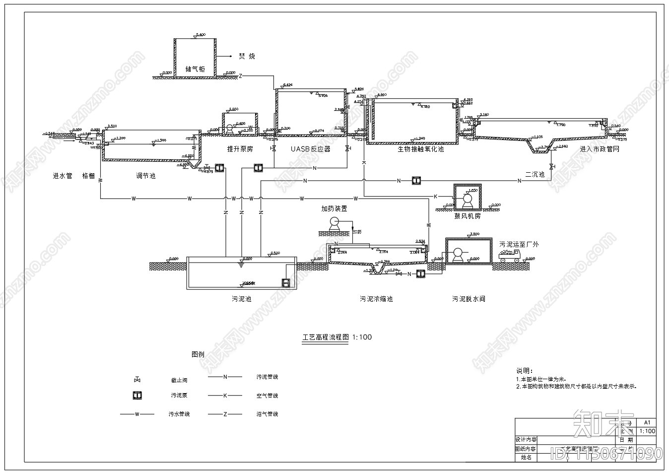 140立方啤酒废水污水处理高程图平面图cad施工图下载【ID:1150671090】
