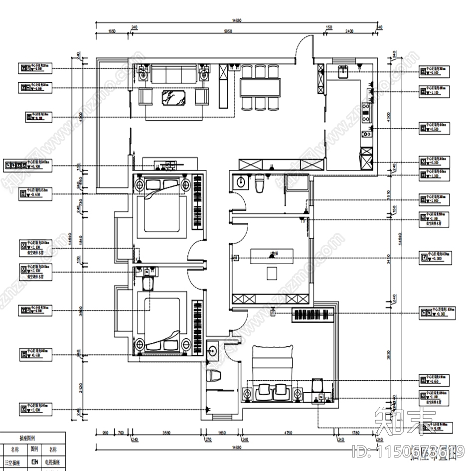 164平三室两厅家居空间cad施工图下载【ID:1150673619】