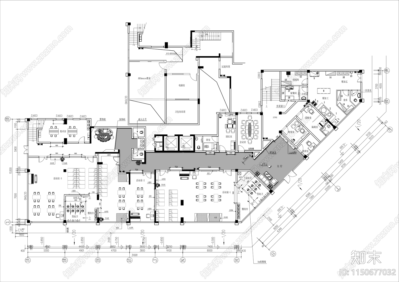 2000㎡托儿所平面布局方案cad施工图下载【ID:1150677032】