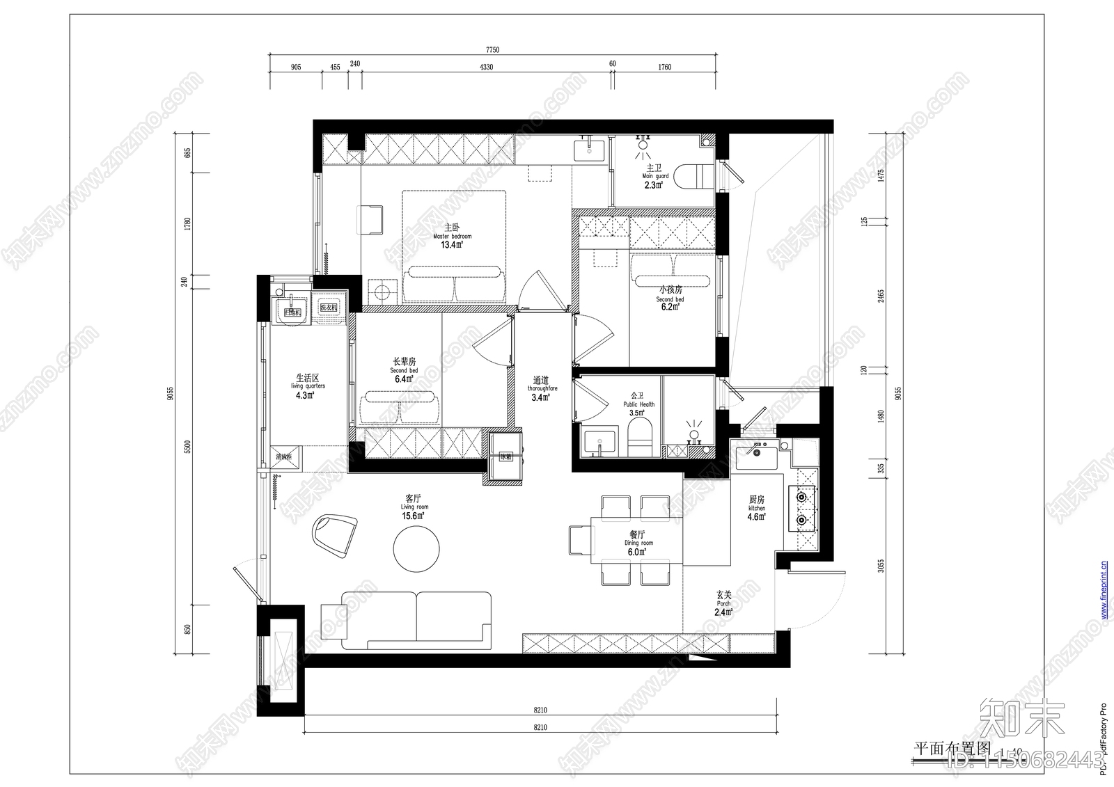 89㎡三居室家装cad施工图下载【ID:1150682443】