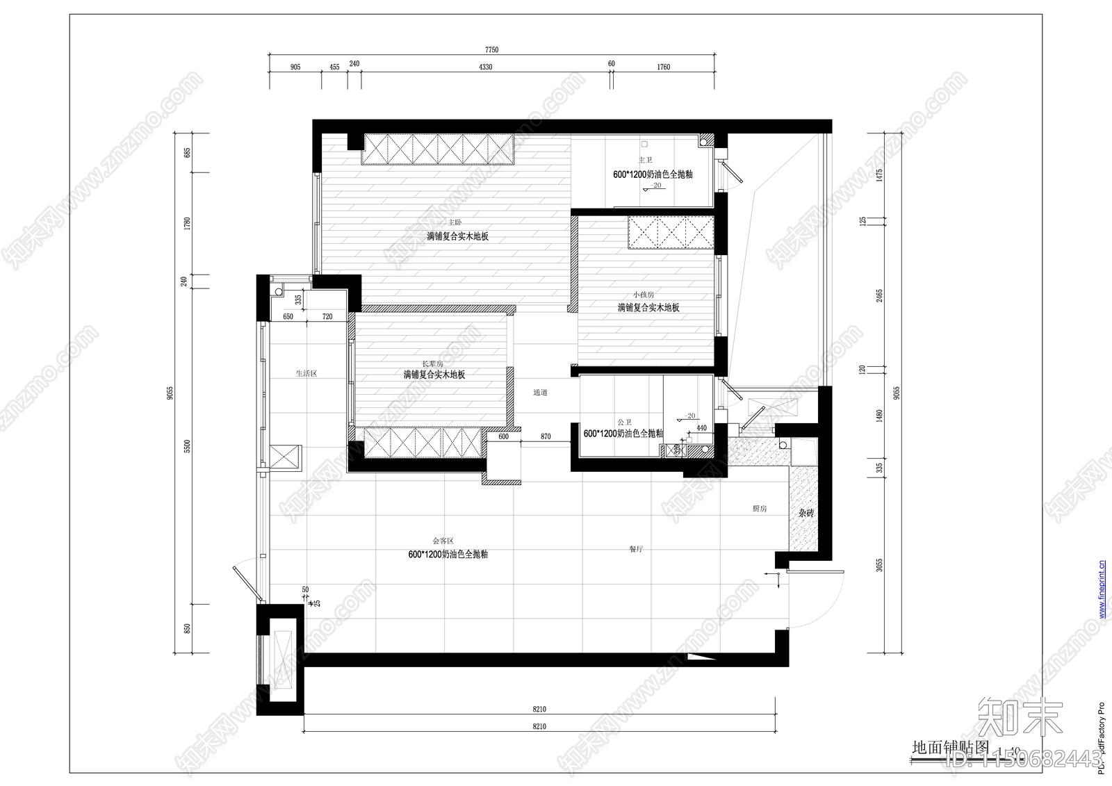 89㎡三居室家装cad施工图下载【ID:1150682443】