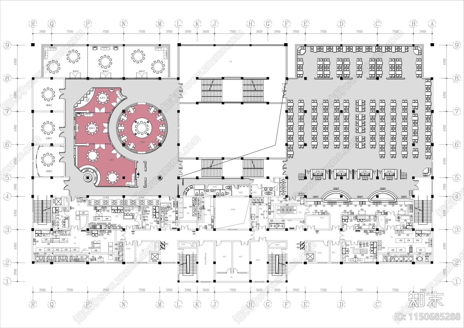 大学食堂餐厅平面布局图施工图下载【ID:1150685288】