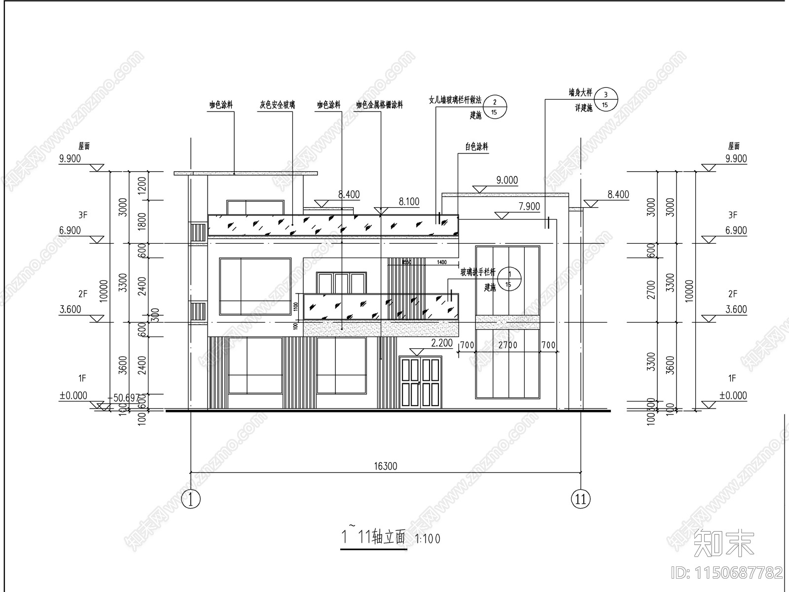 现代三层独栋别墅建筑施工图cad施工图下载【ID:1150687782】