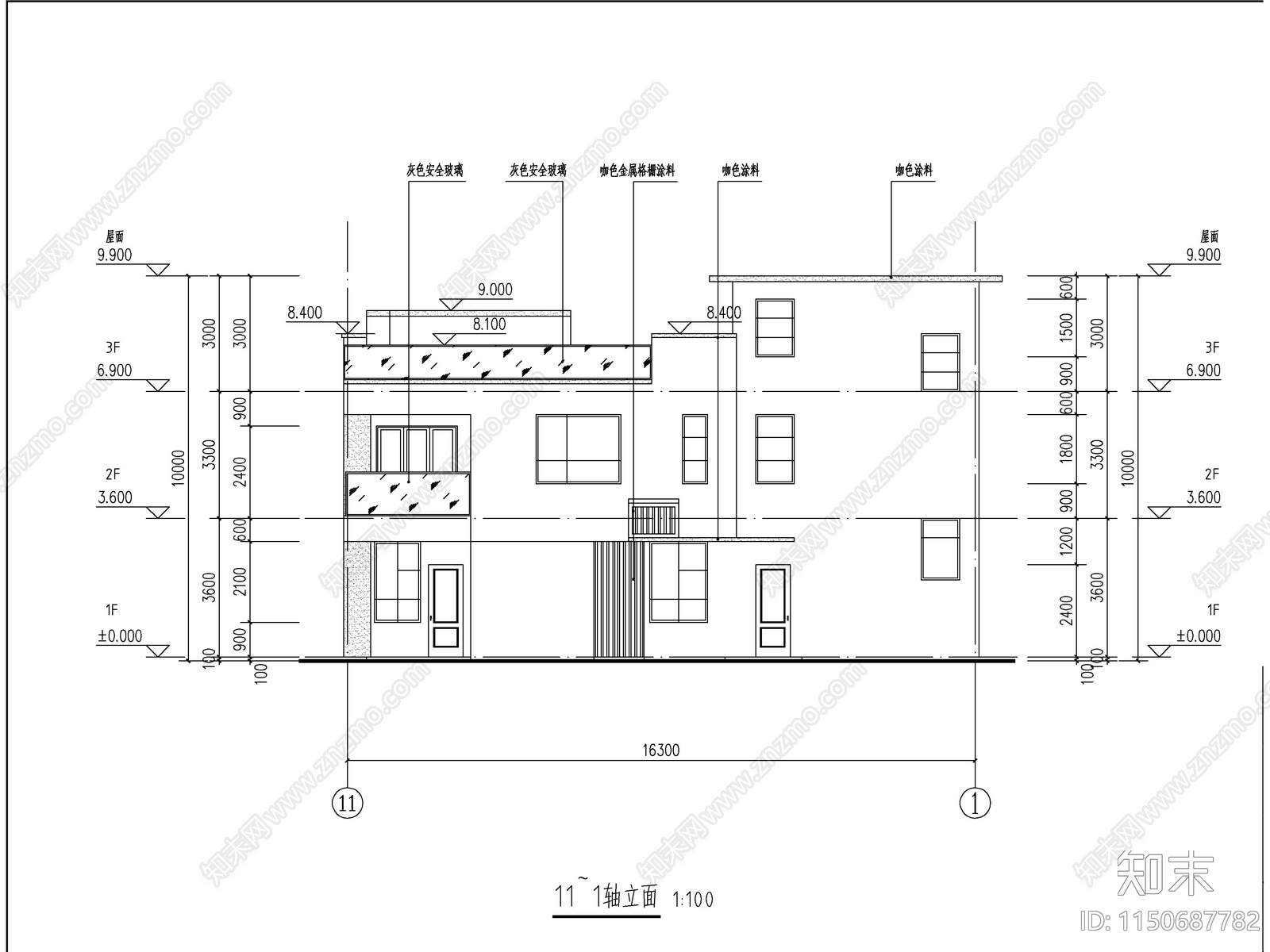 现代三层独栋别墅建筑施工图cad施工图下载【ID:1150687782】