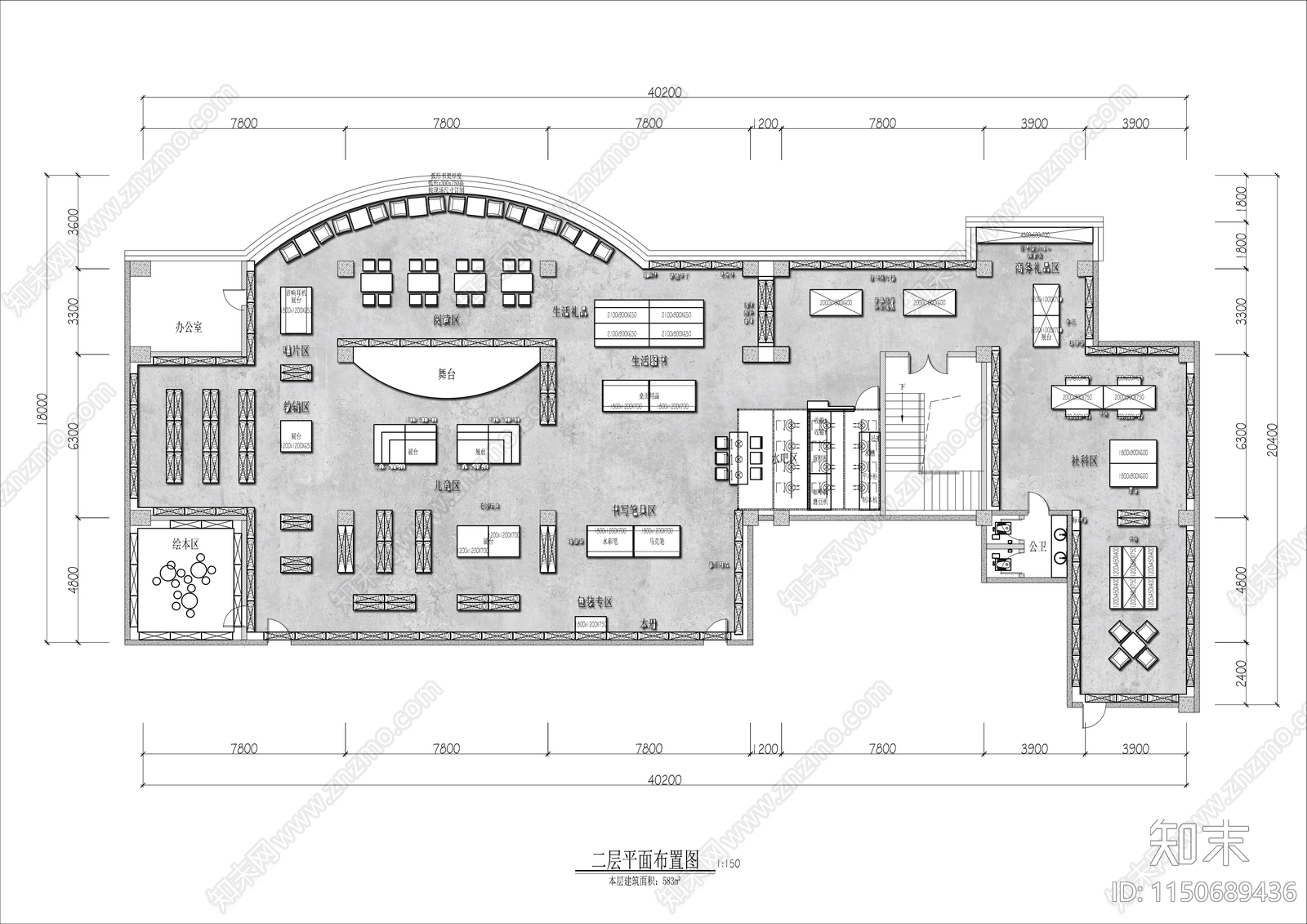 两层书店平面布置图cad施工图下载【ID:1150689436】