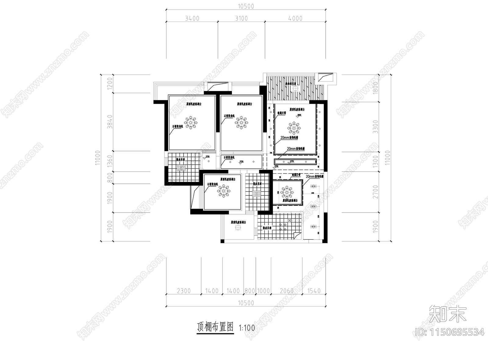 现代平层室内cad施工图下载【ID:1150695534】