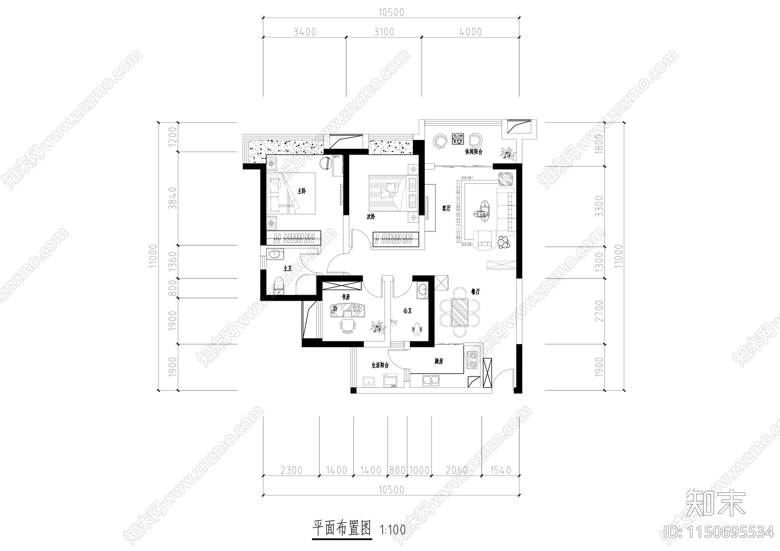 现代平层室内cad施工图下载【ID:1150695534】