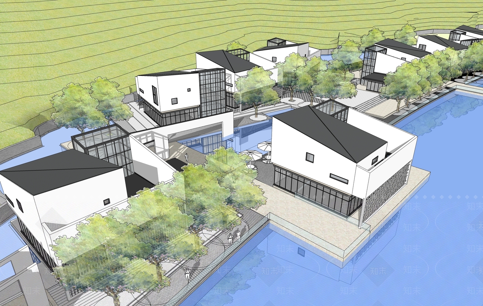 新中式滨水商业街SU模型下载【ID:1150696737】