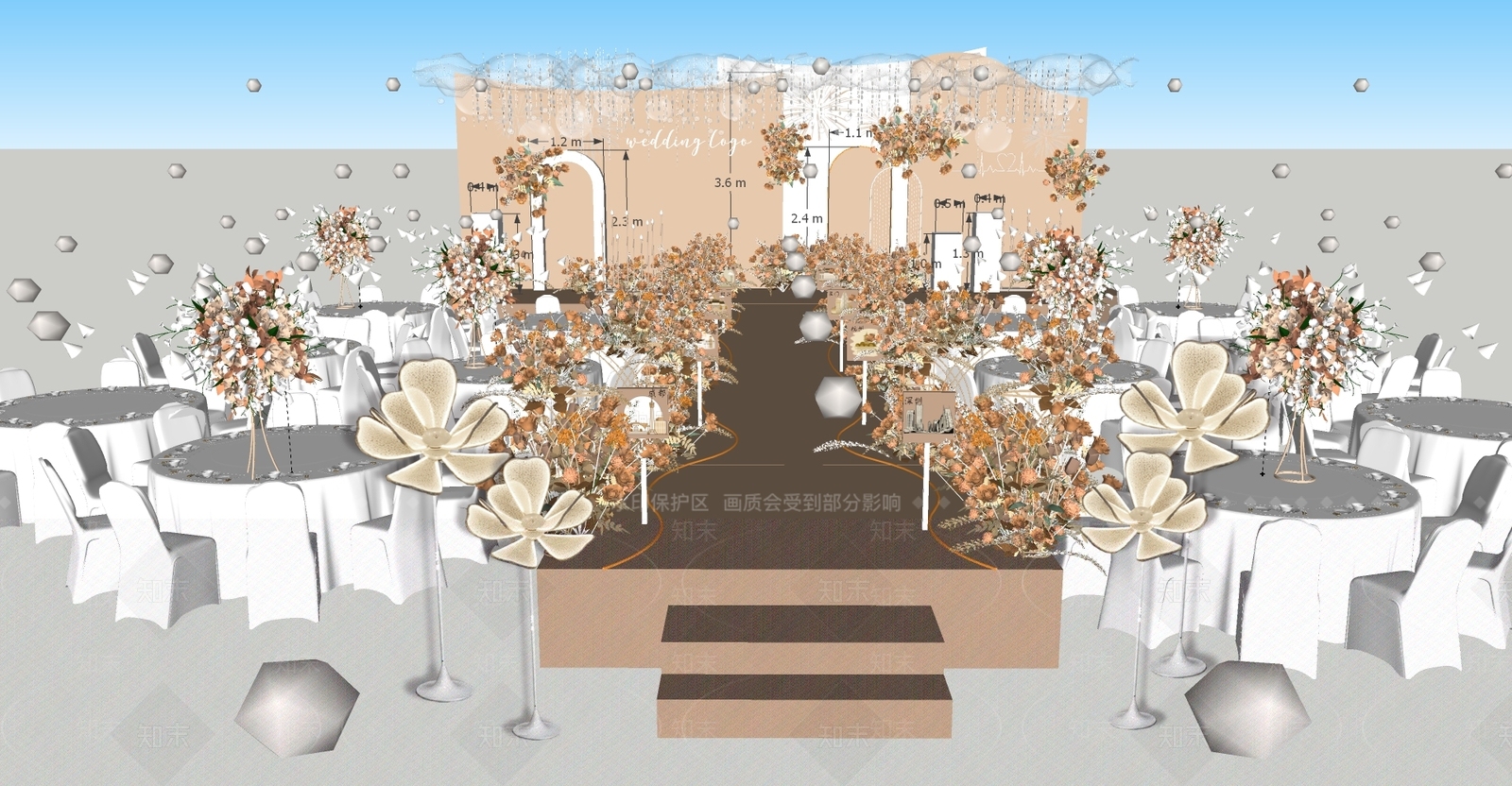 现代橘色婚礼宴会厅SU模型下载【ID:1150704538】