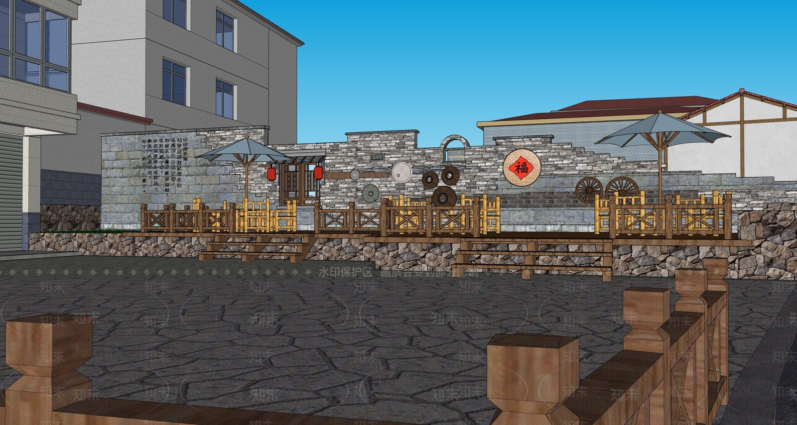 中式乡村小庭院景观SU模型下载【ID:1150711562】