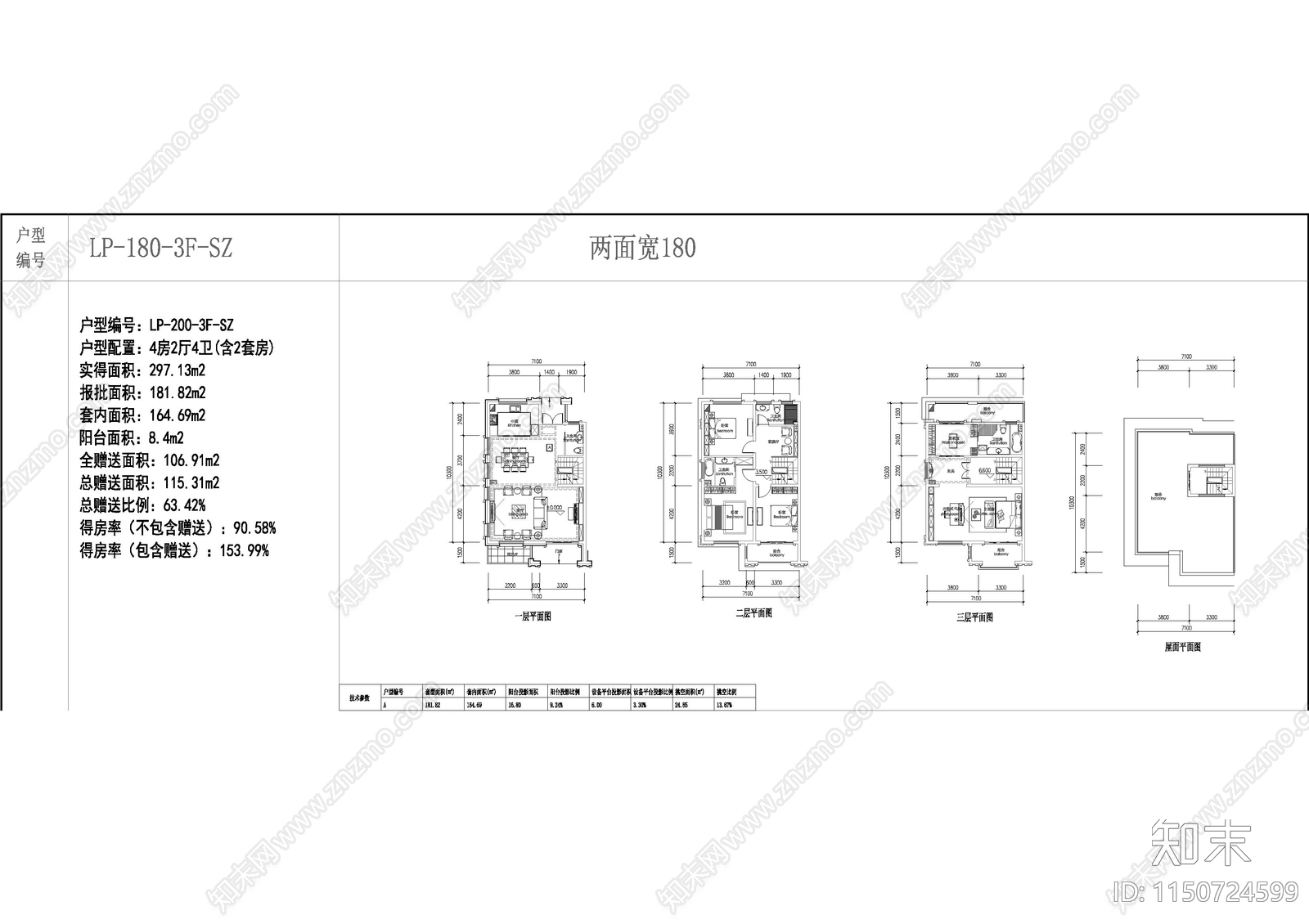 三层联排别墅cad施工图下载【ID:1150724599】