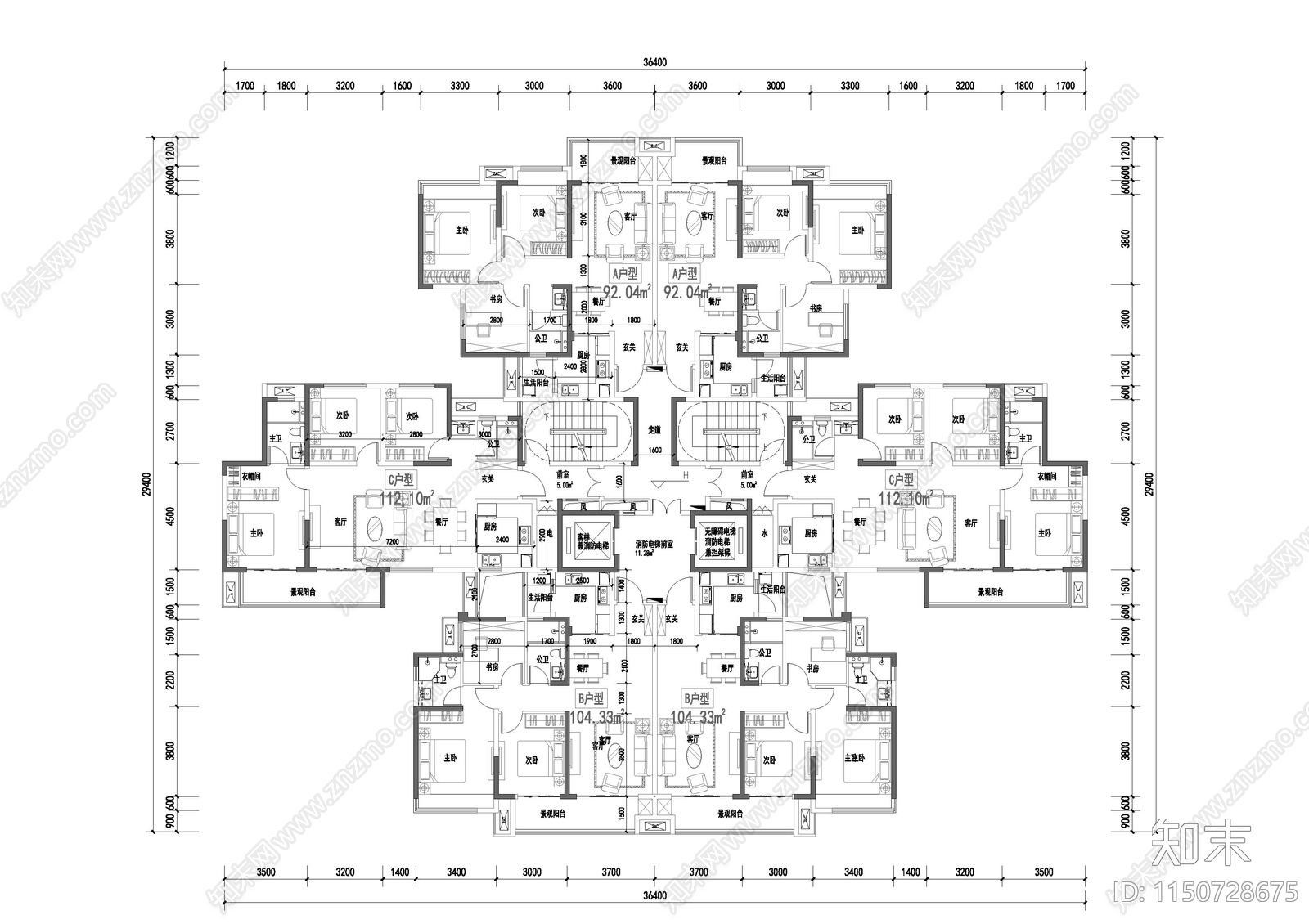 十字形T6川渝地区户型平面图施工图下载【ID:1150728675】