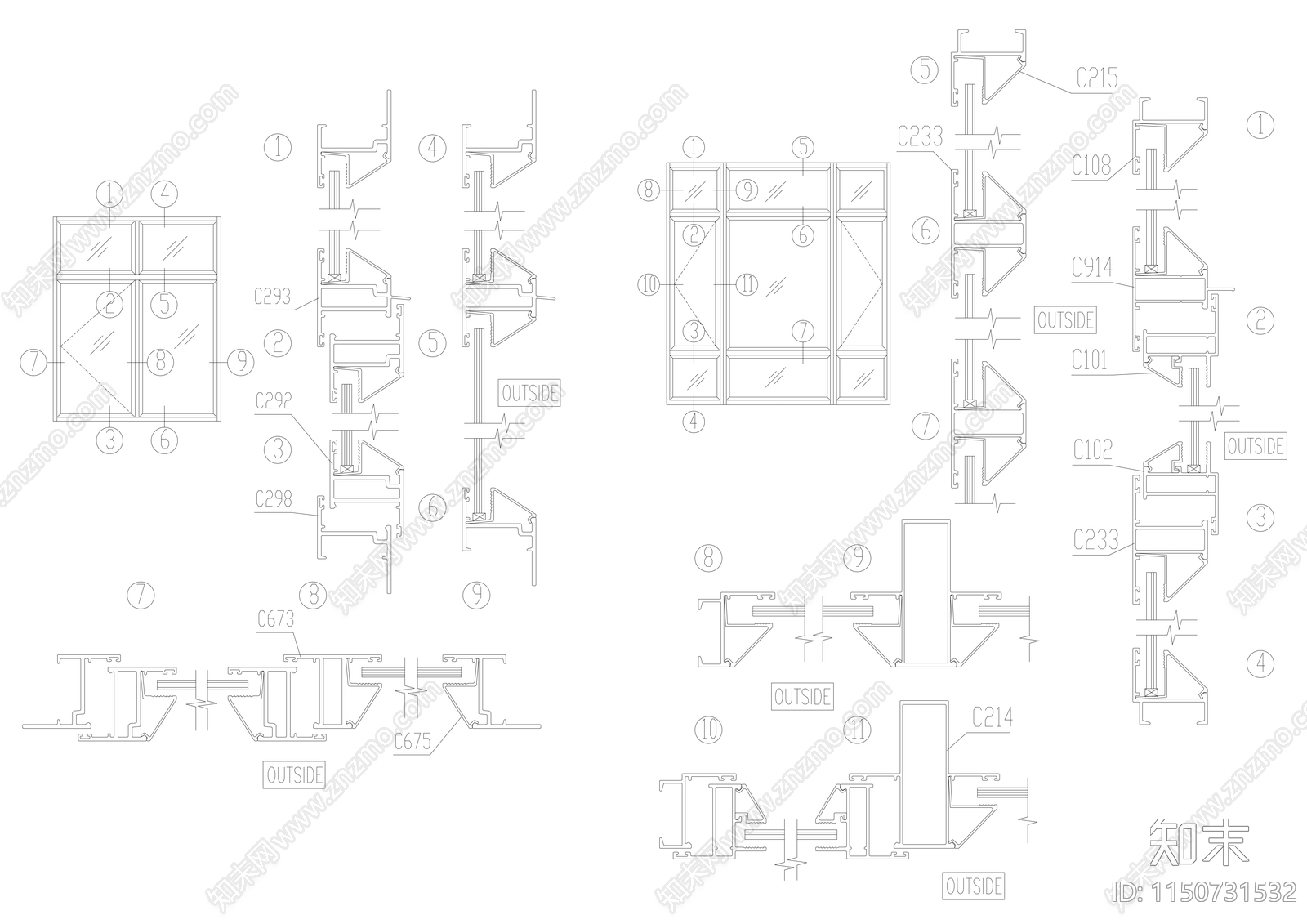 170种金属门窗构造大样节点详图cad施工图下载【ID:1150731532】