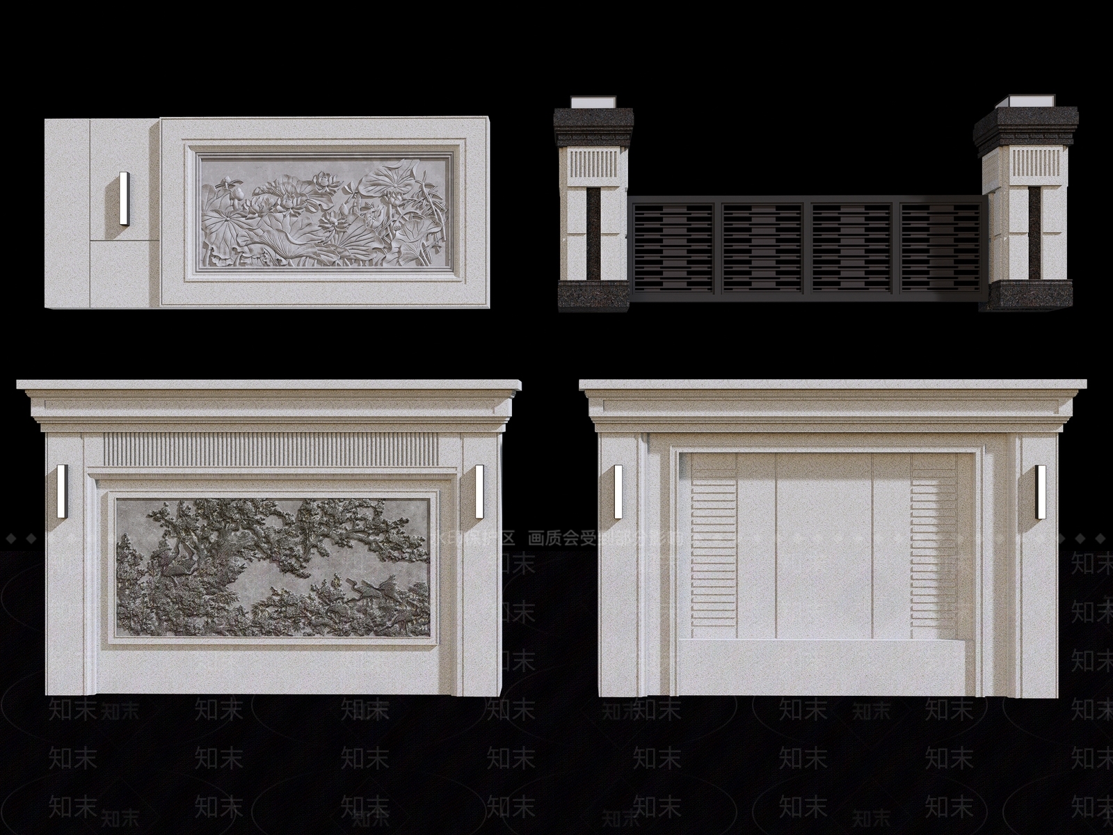 新中式浮雕景墙门柱SU模型下载【ID:1150740216】